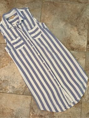 Hope & Harlow Sleeveless Striped Button Up Dress Size 10 Blue Beach Resort Wear